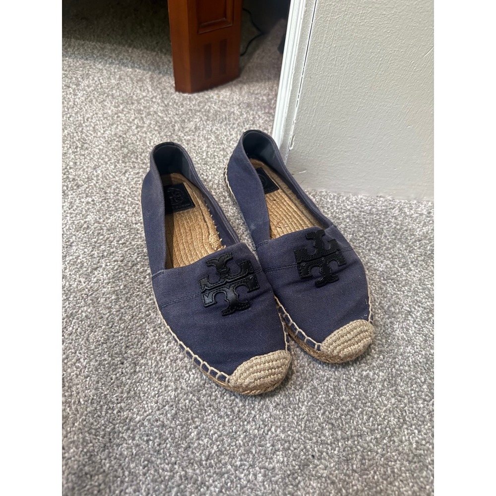Tory Burch Ines Espadrille Navy Blue Canvas Leather Logo Flats Size 7.5